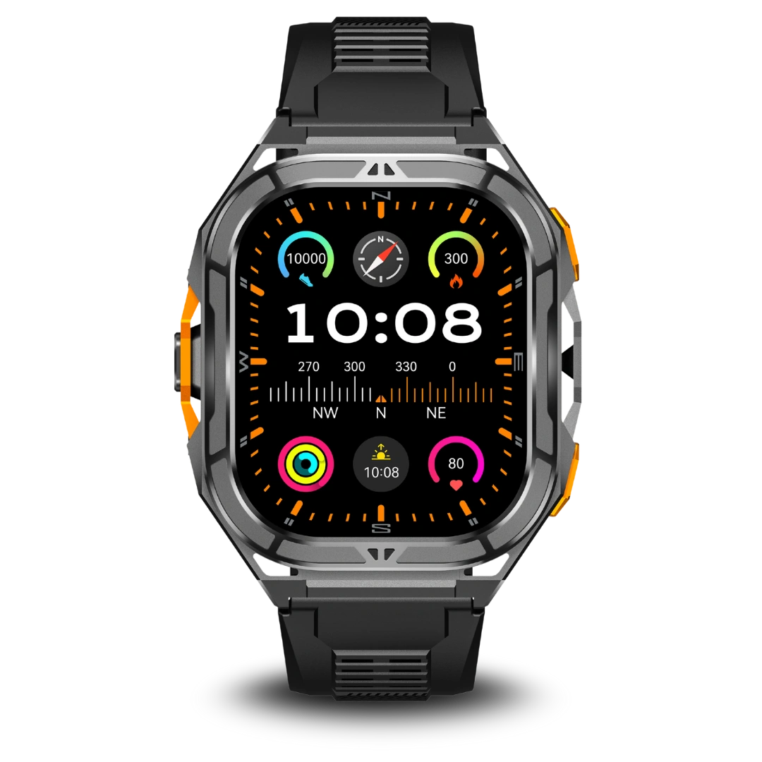 Smartwatch with a black strap and colorful display on a white background