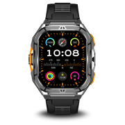 Smartwatch with a black strap and colorful display on a white background