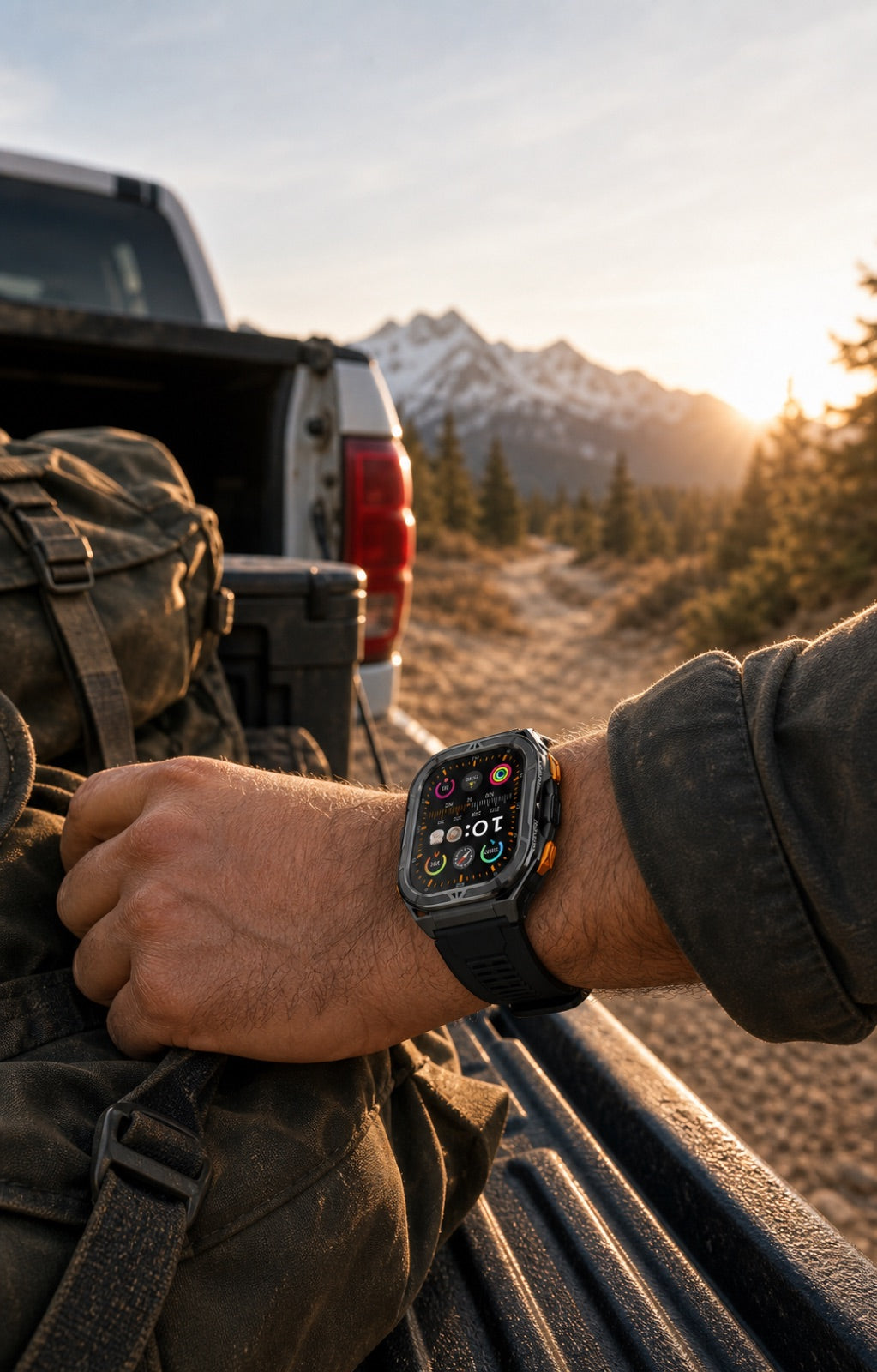 AlpineX smartwatch worn outdoors near a mountain trail